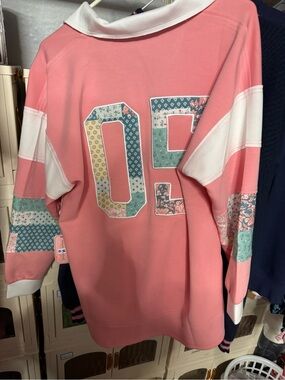 Simply Southern Pink V-Neck Sweatshirt with Patchwork '05'